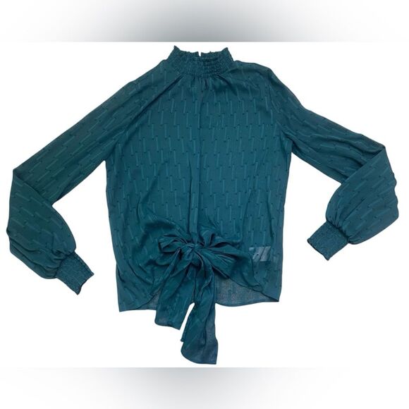 EXPRESS Teal Green Mock Neck Semi-Sheer Long Sleeve Tie Bottom Blouse - Picture 1 of 11